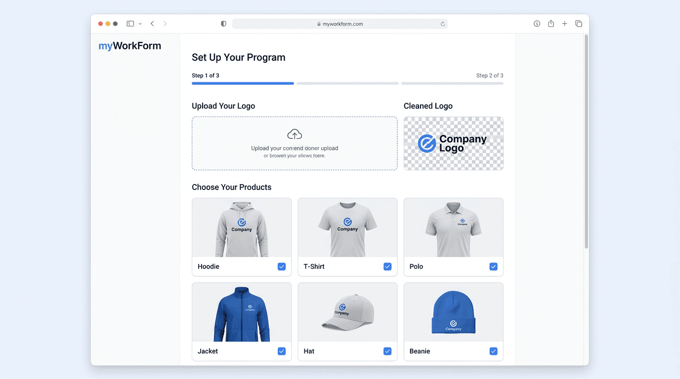myWorkForm setup page showing logo upload and product selection