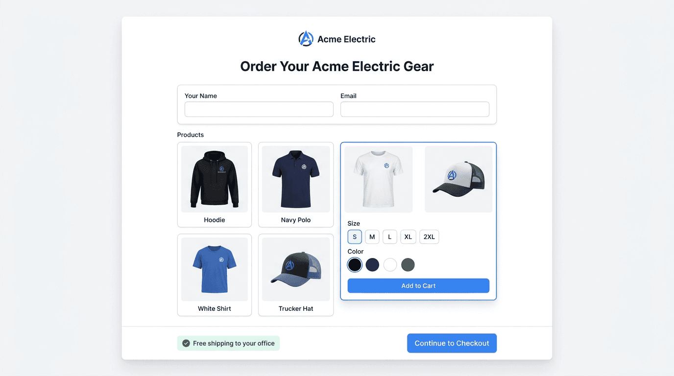 Employee order page showing branded products with size selection