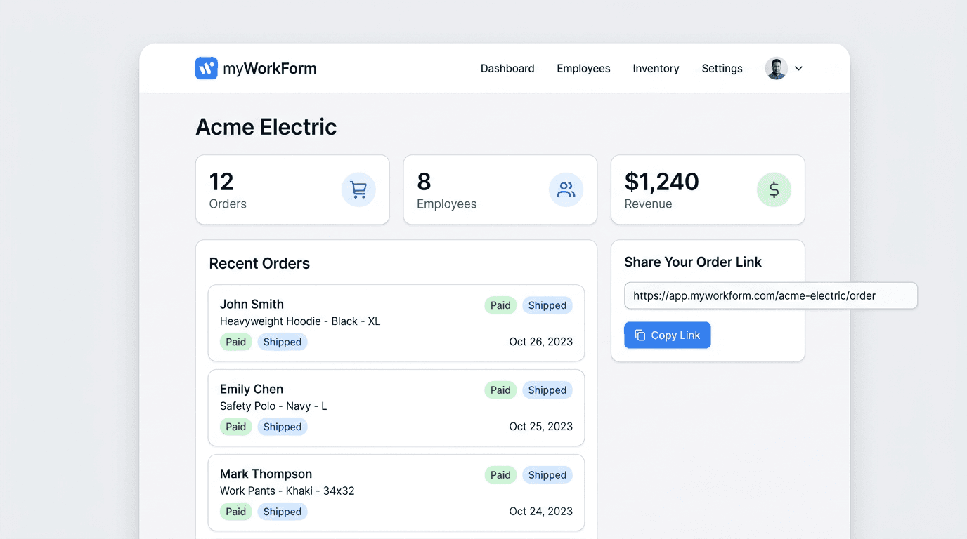 Dashboard showing completed orders and shipping status